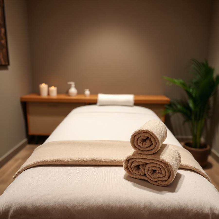 Behandlingsrum med massagebriks og bløde håndklæder
